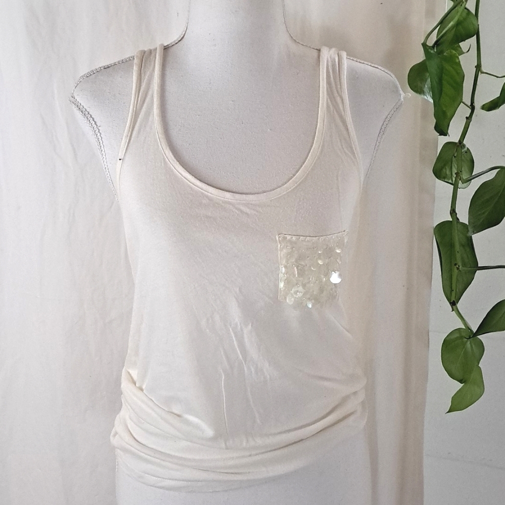 J Crew Cotton Tank Top Sequin Embellished Pocket Cream White SzXS